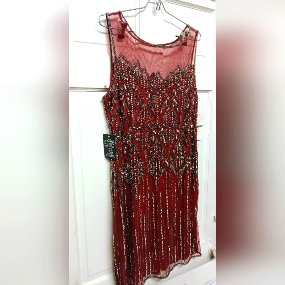 Prelude Elegant Cranberry Red Beaded Rayon Knee High Dress Size 16 New With Tags - Picture 10 of 11